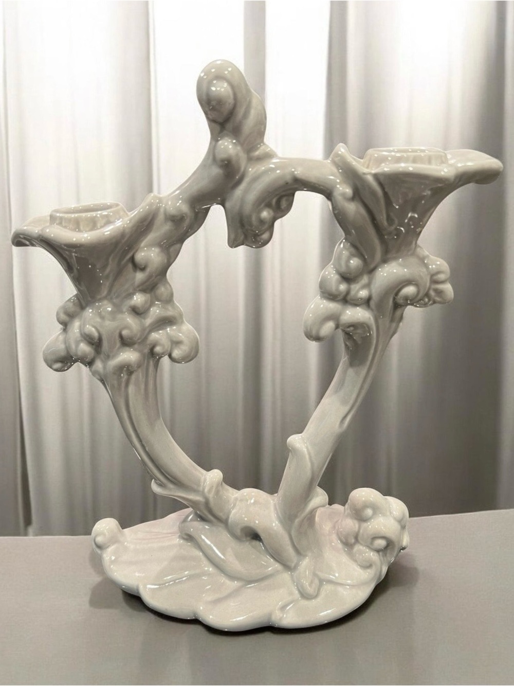 Royal Haeger Vintage Cloud Blue Gray Wave Double Stalk Candle Holders.
